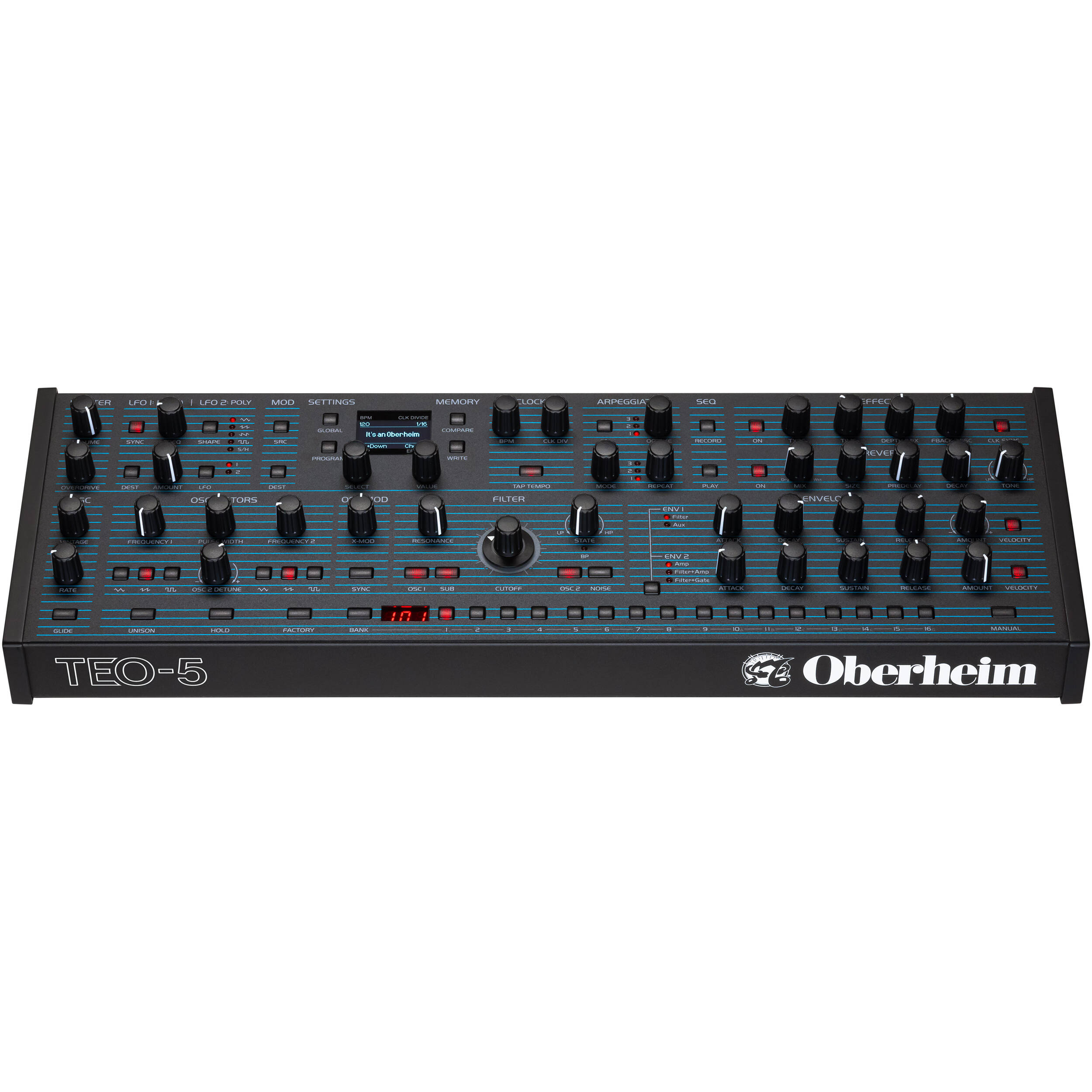 Oberheim TEO-5 desktop synthesizer with control knobs and display, compact electronic music instrument for studio use.