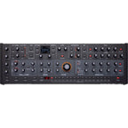 Sequential Take 5 desktop synthesizer shown with control knobs, keyboard, and display screen on a sleek black surface.