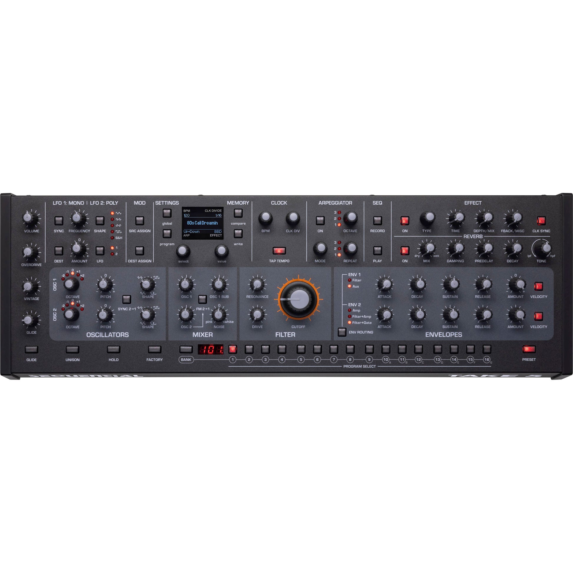 Sequential Take 5 desktop synthesizer showing its control panel, knobs, and keyboard interface in a sleek black design.