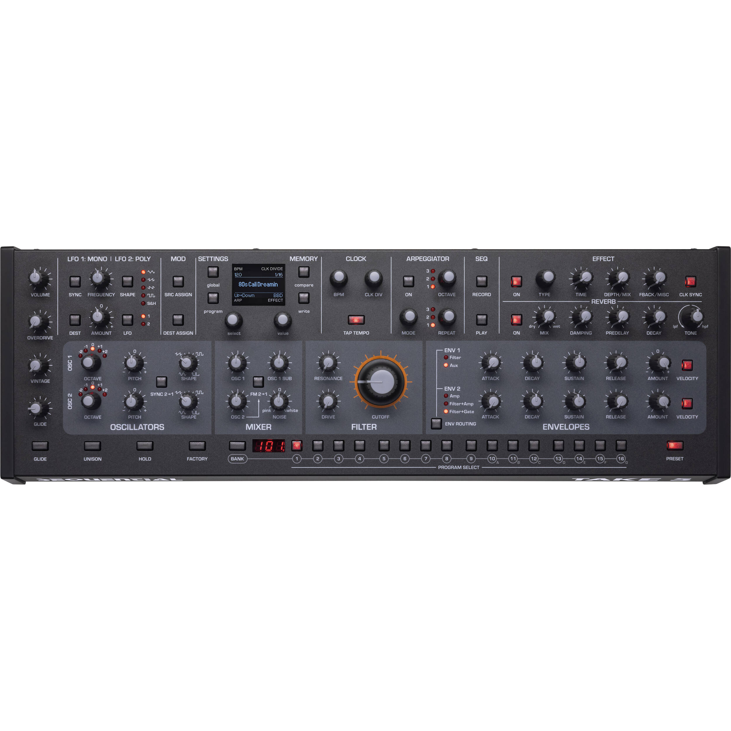 Sequential Take 5 desktop synthesizer showing its control panel, knobs, and keyboard interface in a sleek black design.