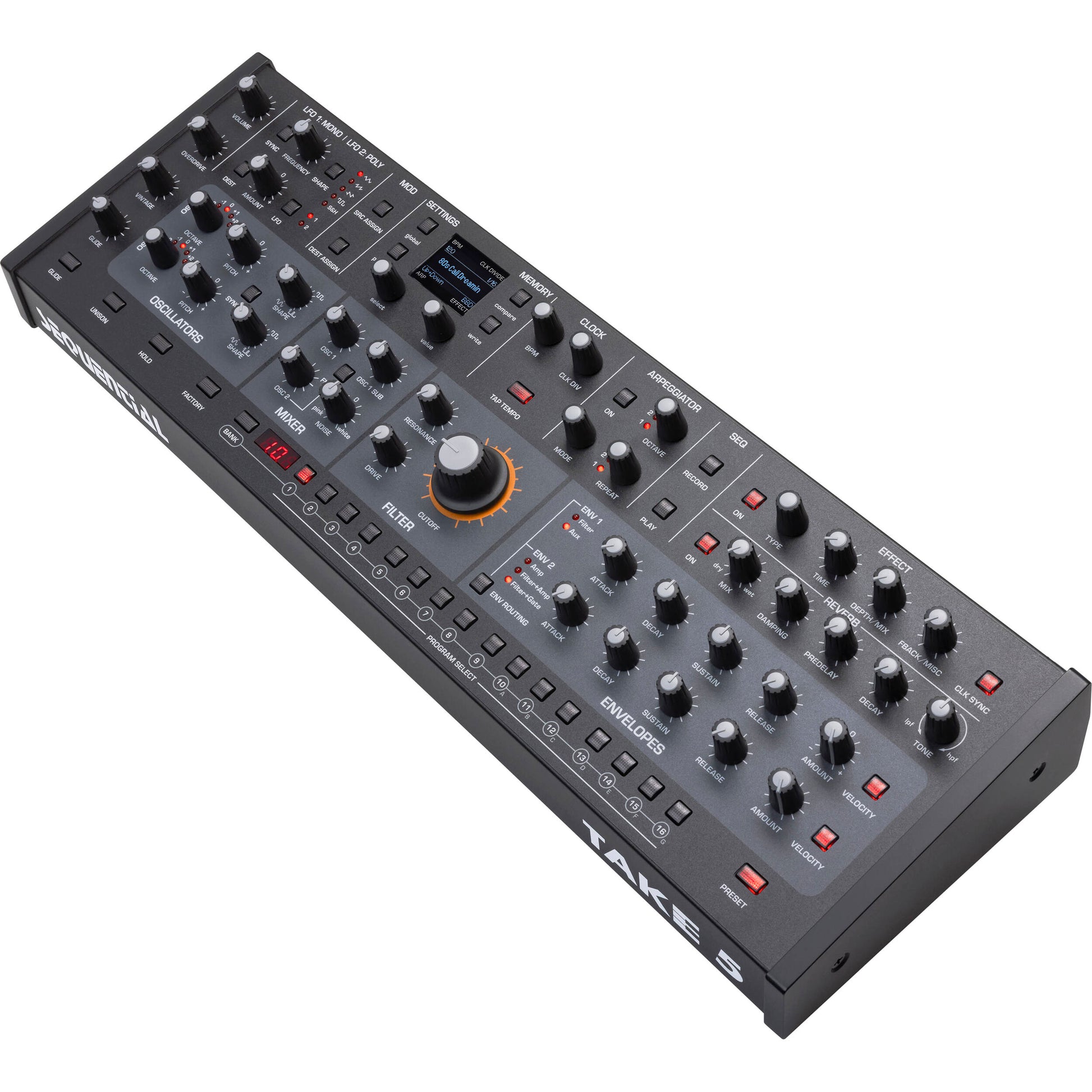 Sequential Take 5 desktop synthesizer with multiple knobs and controls, compact electronic music instrument from Sequential.