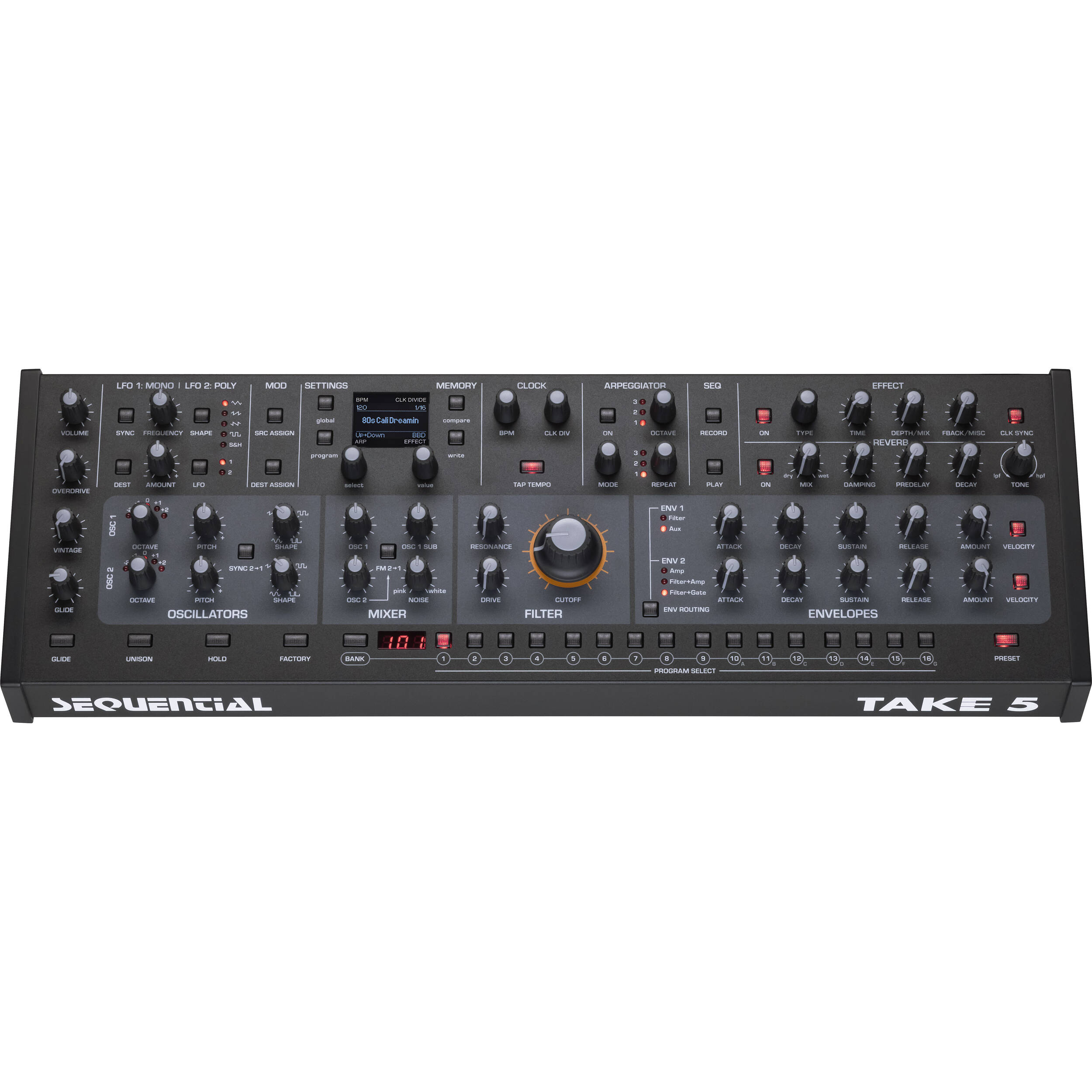 Sequential Take 5 desktop synthesizer with control knobs and keyboard interface, showcasing its compact design and professional features.