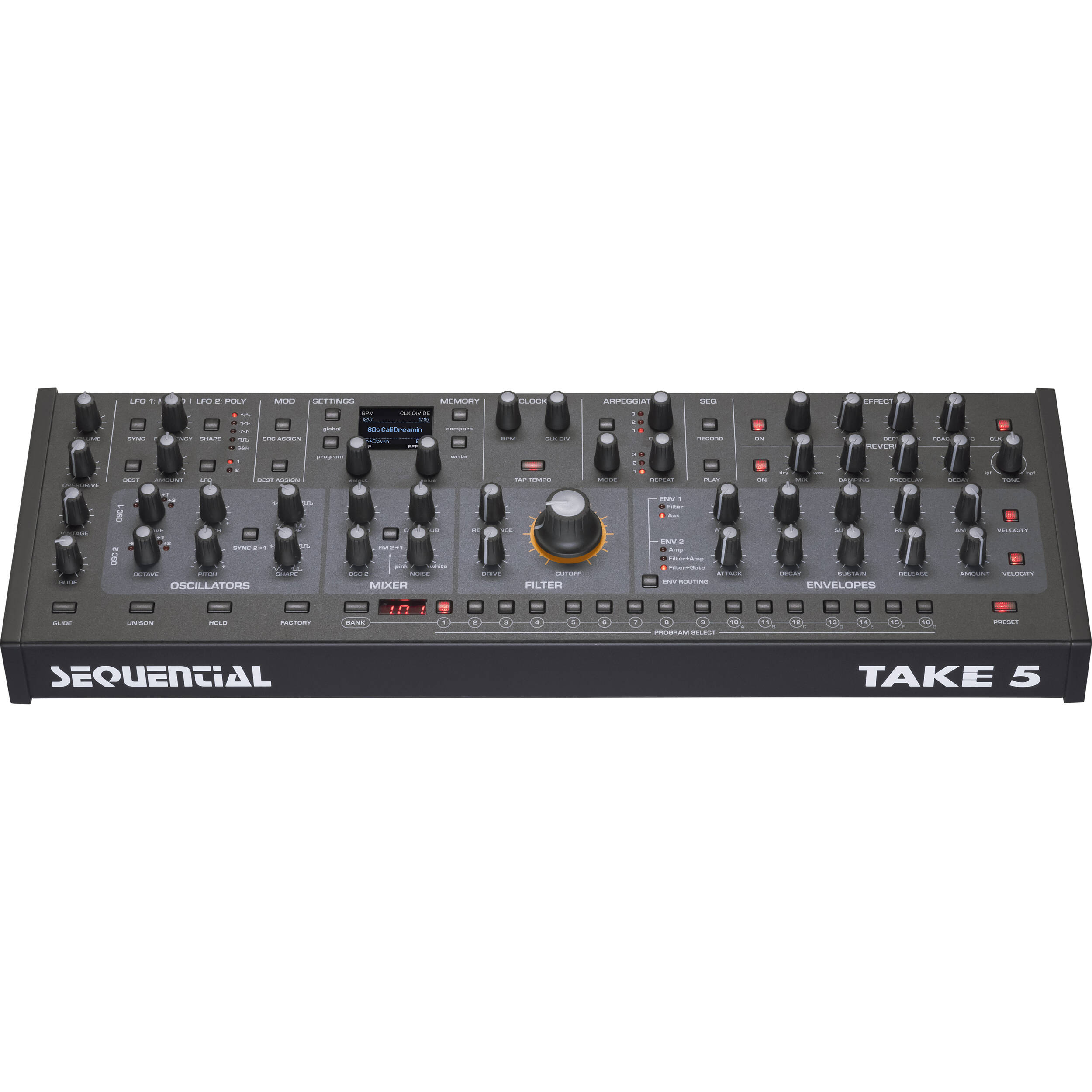 Sequential Take 5 desktop synthesizer with black control panel, knobs, and display screen, designed for music production.