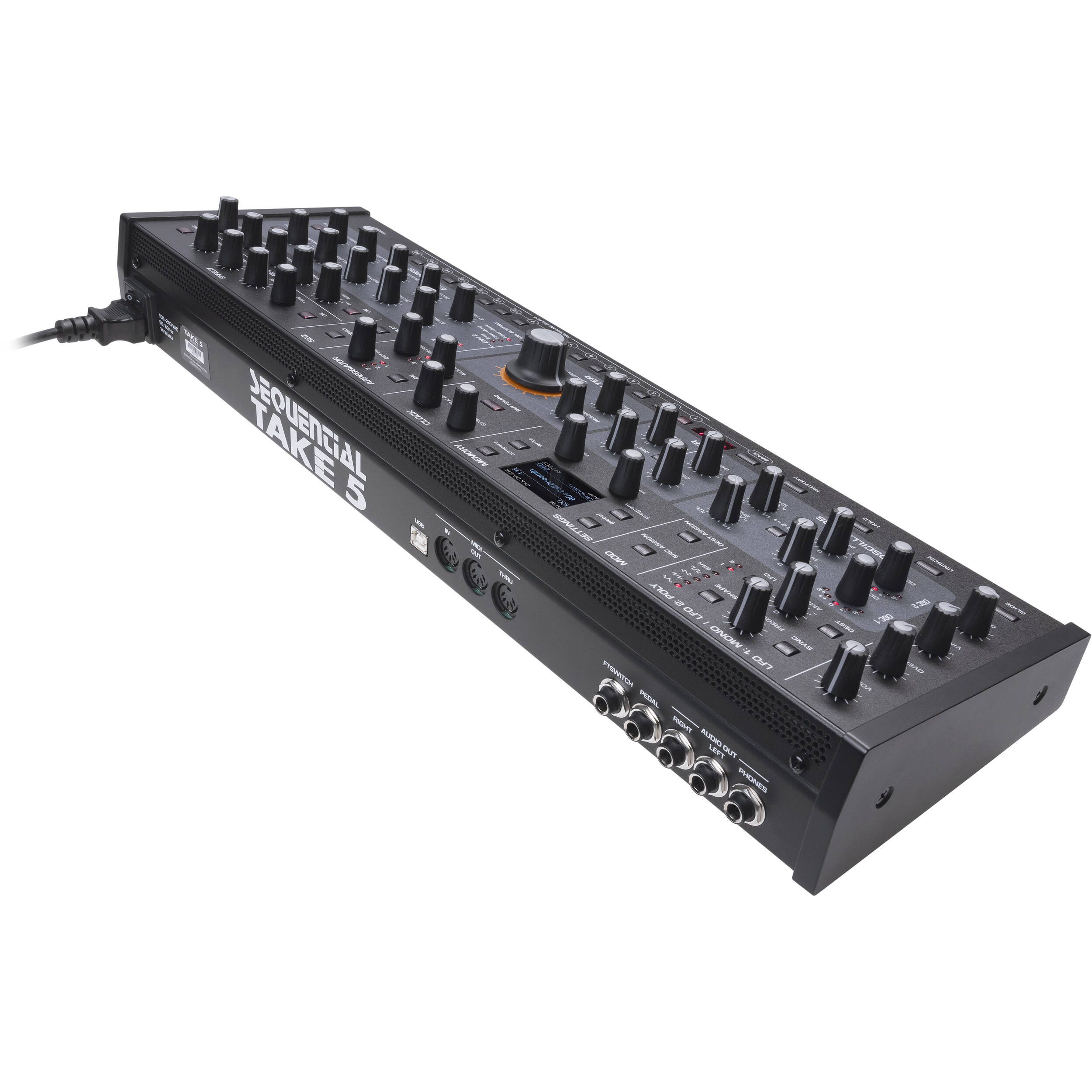 Sequential Take 5 desktop synthesizer with knobs and sliders, compact design, and colorful interface for music production.