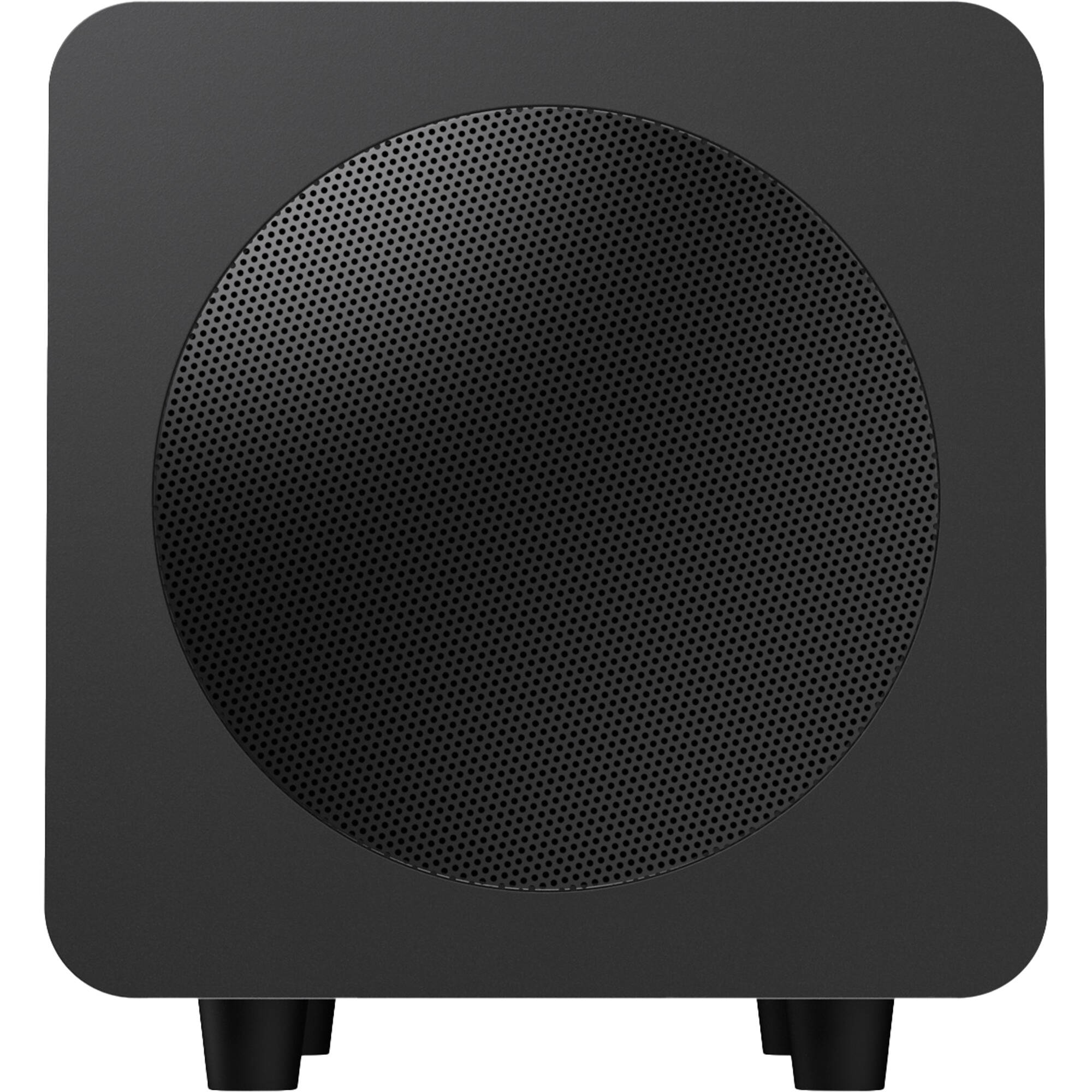 Kanto Audio SUB6V subwoofer with black enclosure and control knob, designed for deep bass in home audio systems.