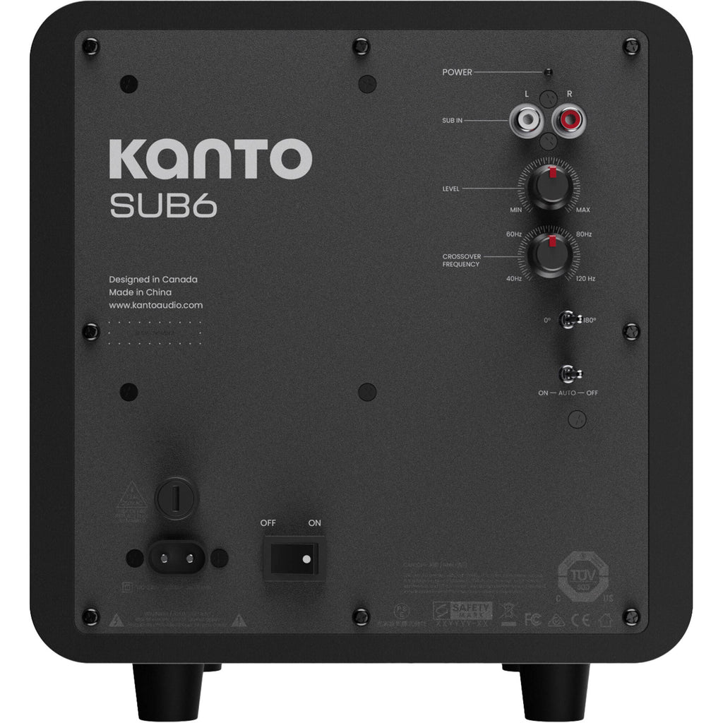 Kanto Audio SUB6V subwoofer with black enclosure and control knob, designed for deep bass sound in home audio systems.