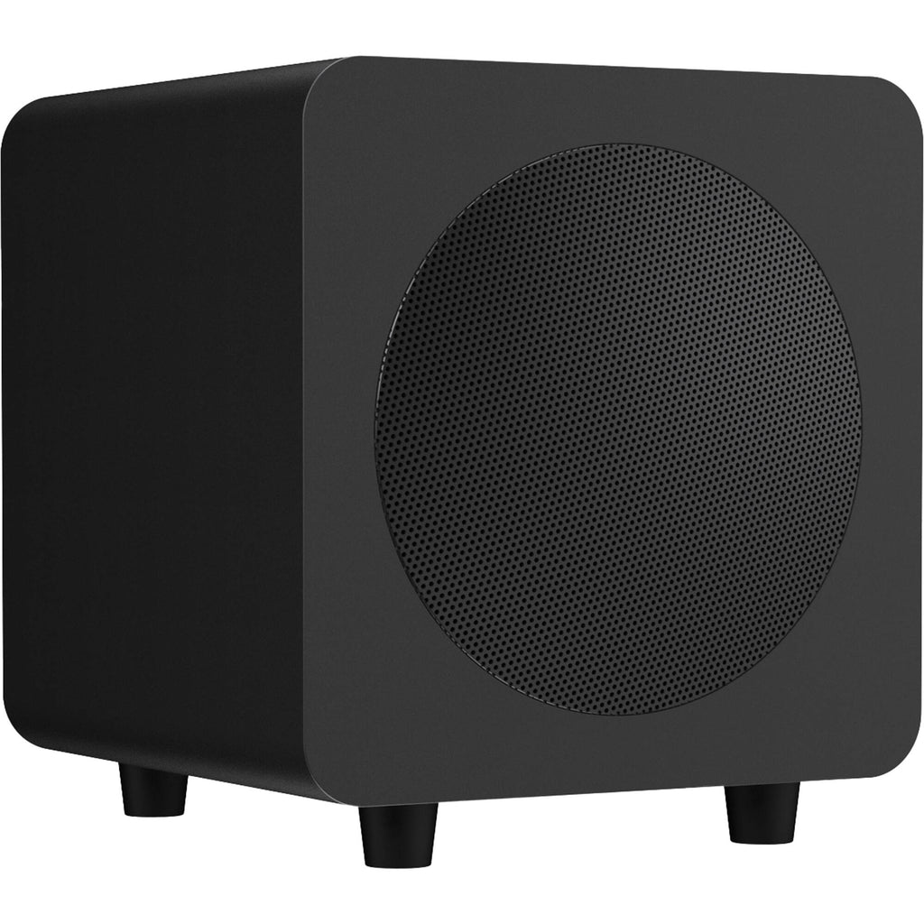 Kanto Audio SUB6V subwoofer with black enclosure and front-facing port, designed for deep bass in home audio systems.