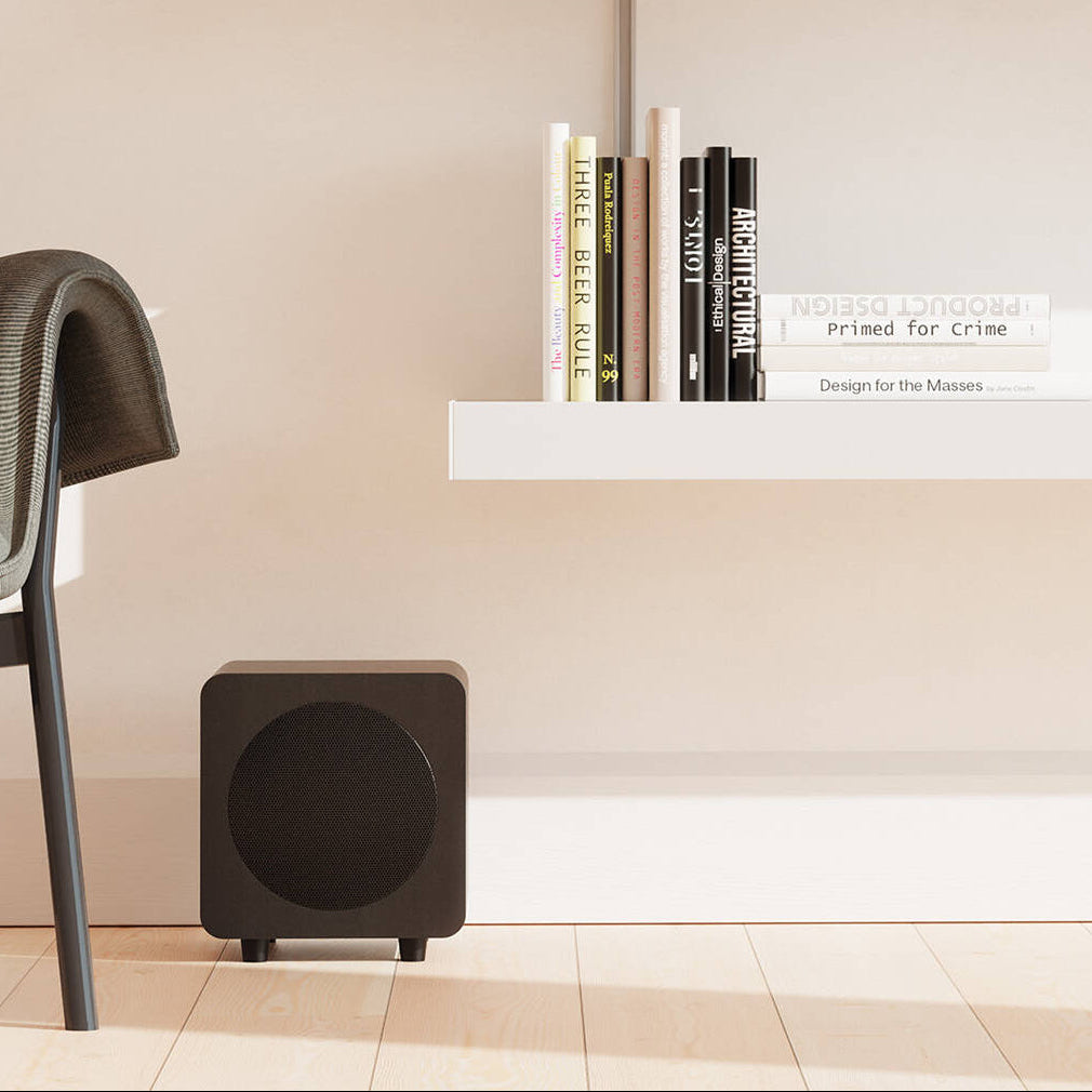 Kanto Audio SUB6V subwoofer with black finish and front port, designed for deep bass and home audio systems.