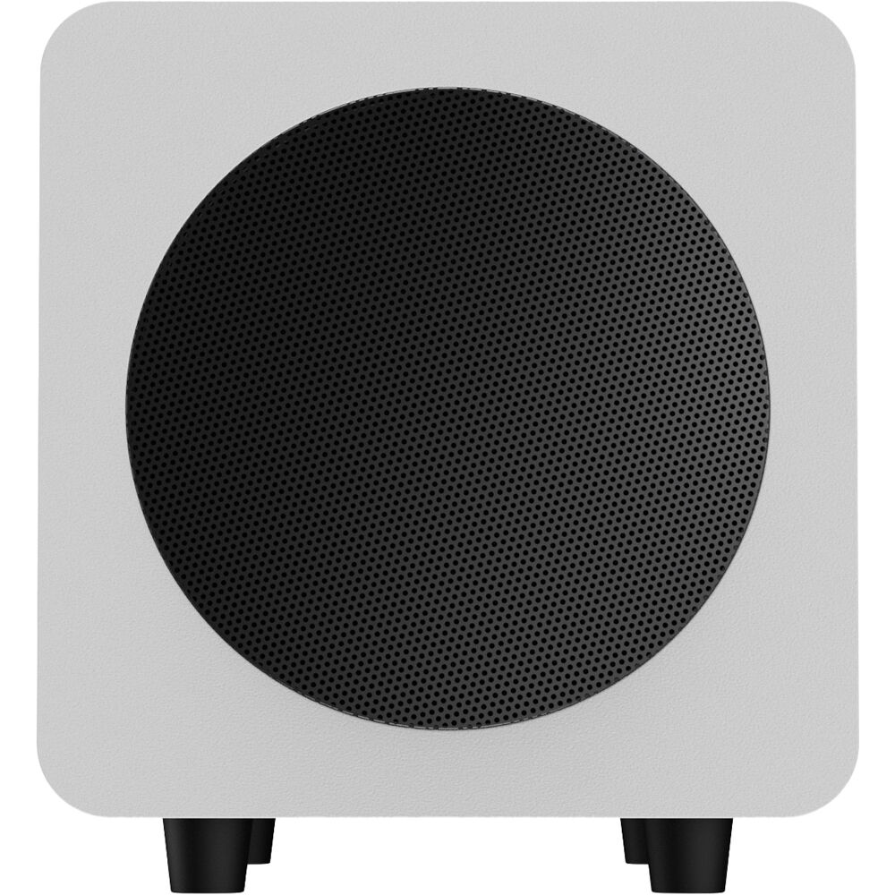 Kanto Audio SUB6V subwoofer with black finish and compact design, featuring control knobs and ports on the back.
