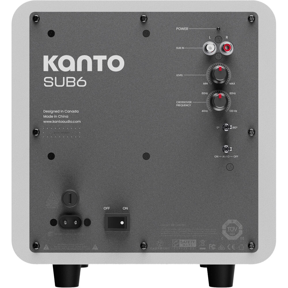 Kanto Audio SUB6V subwoofer with sleek black enclosure and front port, designed for deep bass in home audio systems.