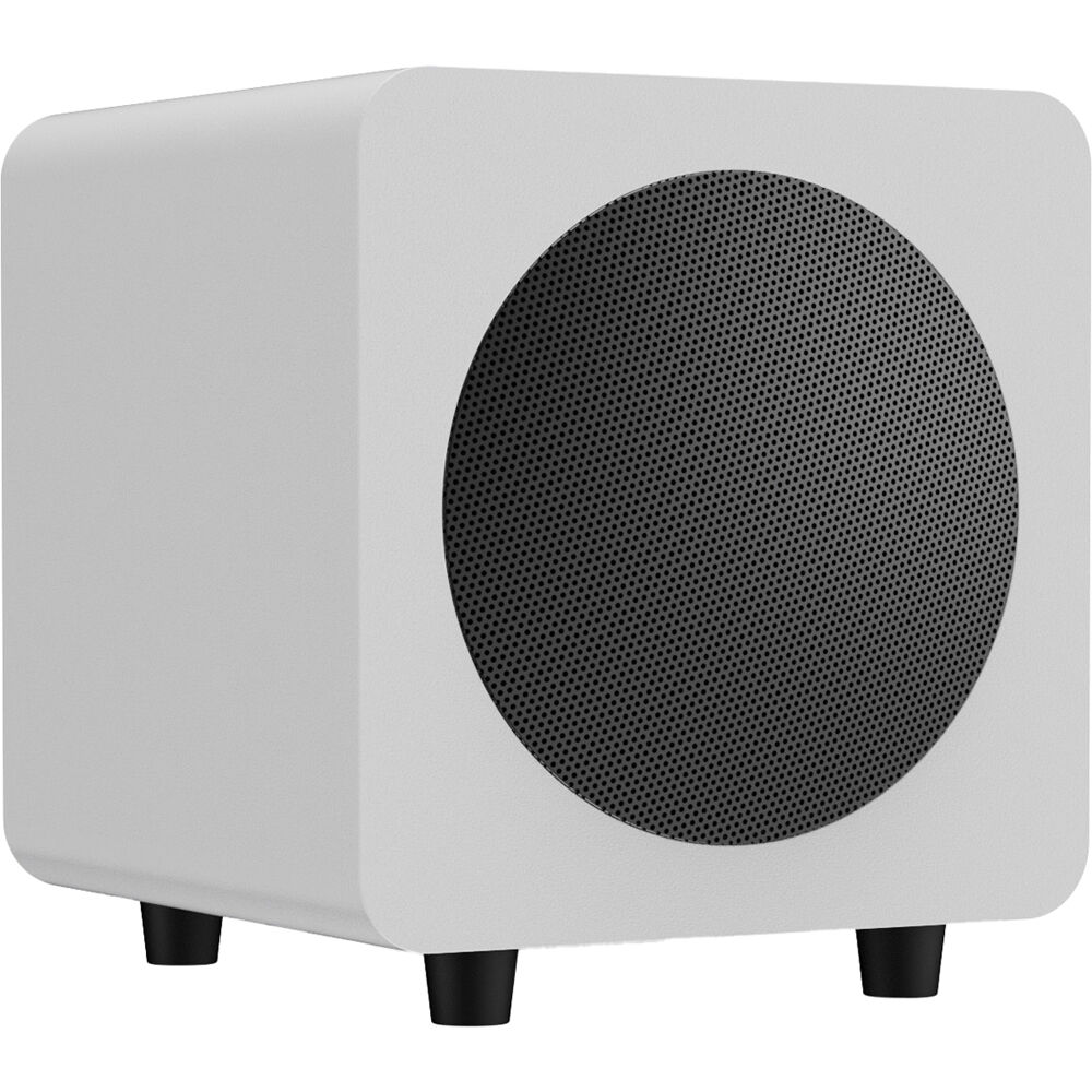 Kanto Audio SUB6V subwoofer with black enclosure and control knobs, designed for deep bass sound in home audio systems.