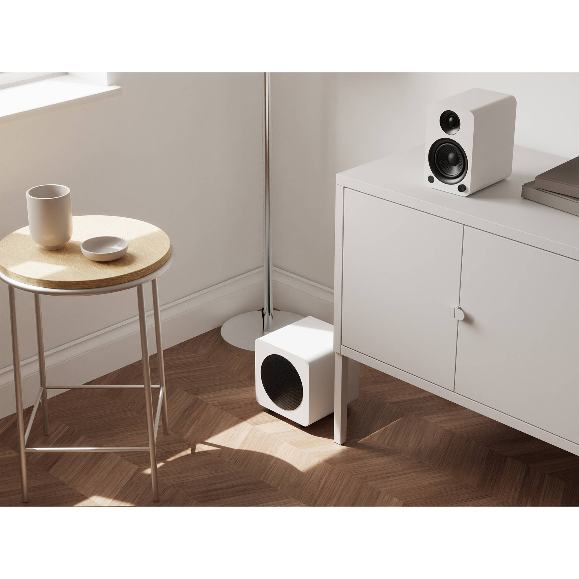 Kanto Audio SUB6V subwoofer with black enclosure and front-firing driver, designed for deep bass in home audio systems