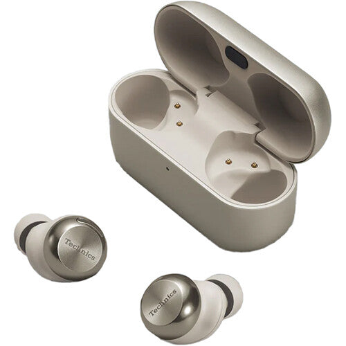 Wireless in-ear headphones by Technics EAH-AZ100 with sleek black design and compact charging case.