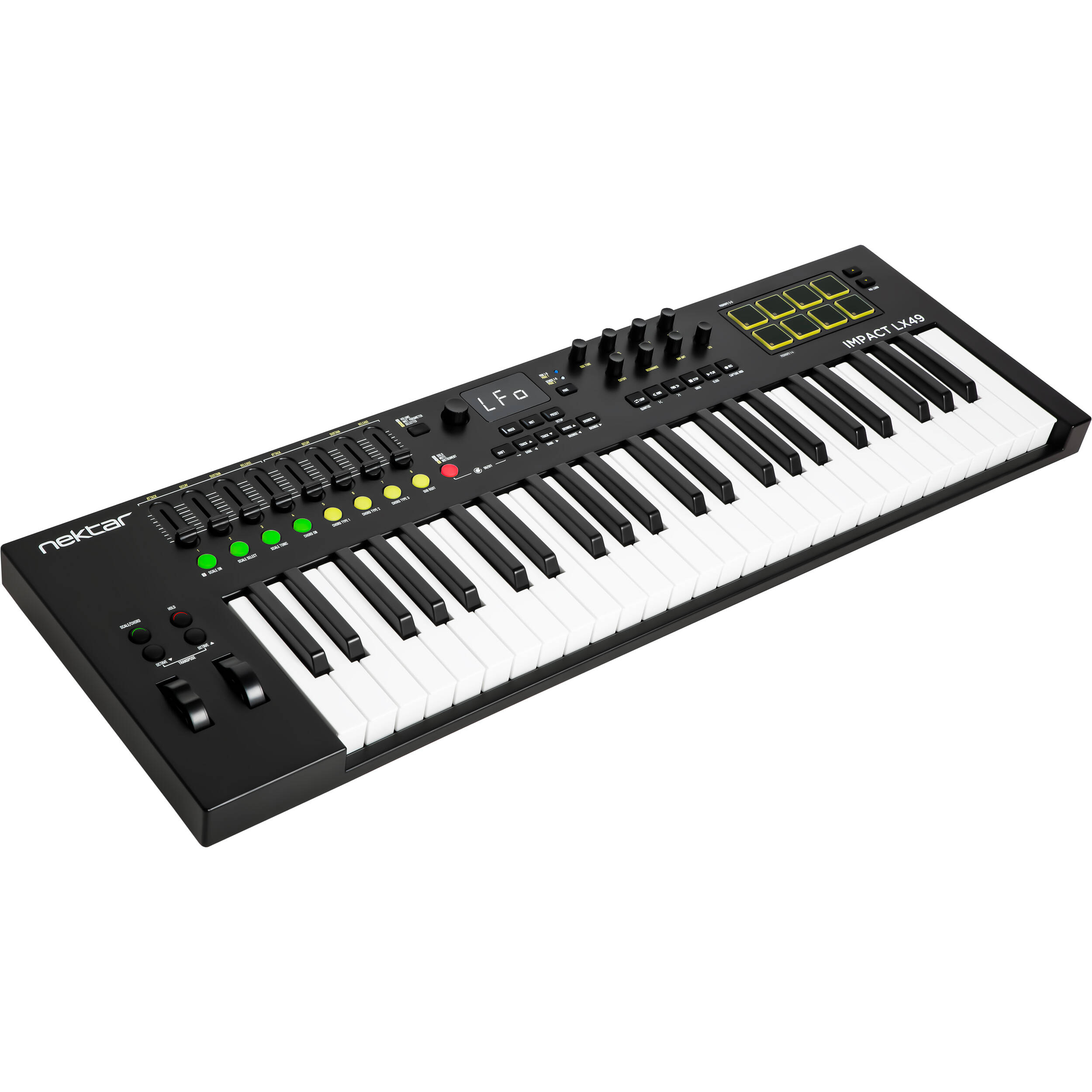 Nektar Impact LX49 MK3 MIDI keyboard with 49 keys, control knobs, and buttons for music production and digital performance.