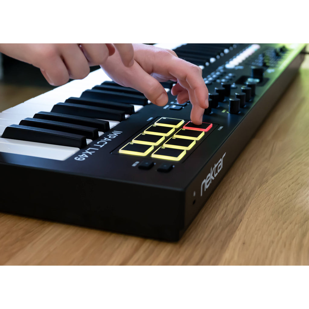 Nektar Impact LX49 MK3 MIDI keyboard with 49 keys, control knobs, and interface for music production and performance.