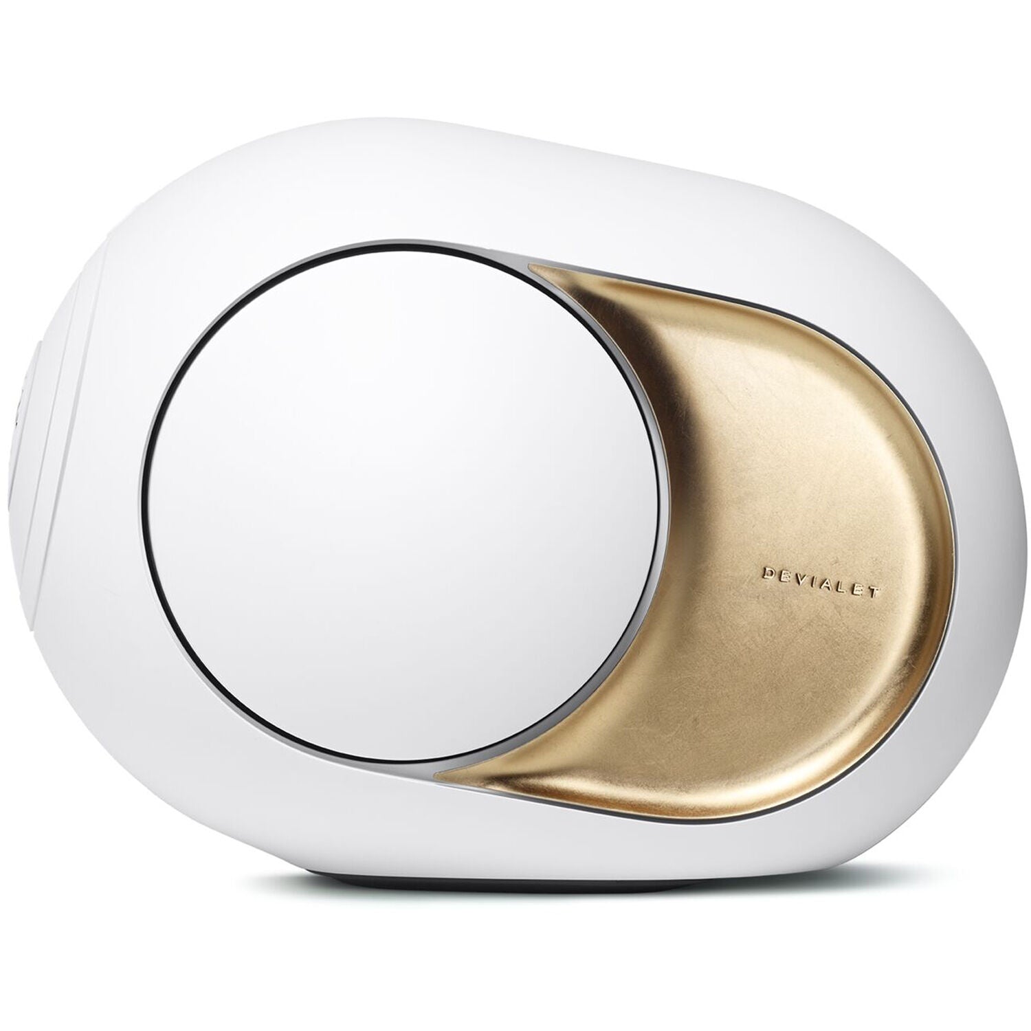 Devialet Phantom Ultimate wireless speaker with sleek design and control panel, delivering powerful 108 dB sound.