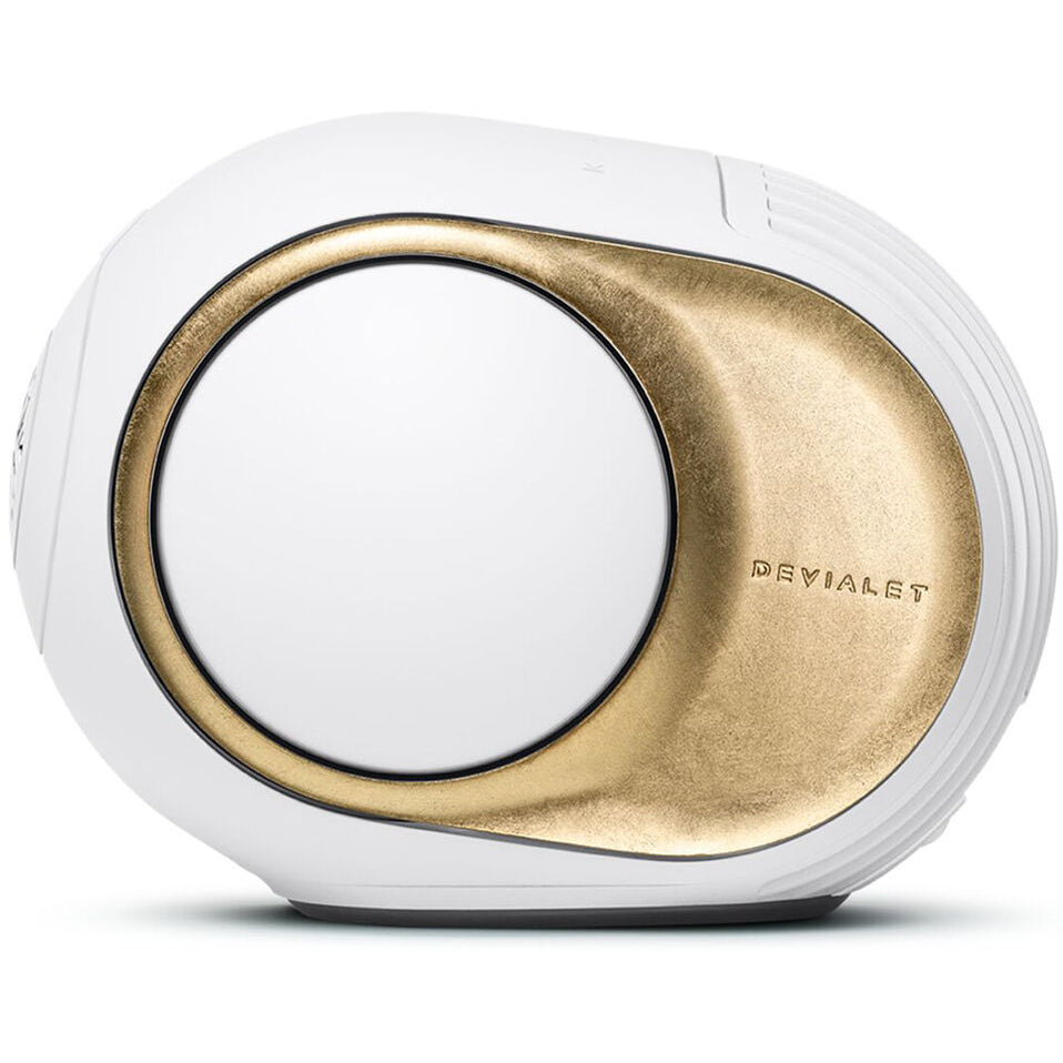 Devialet Phantom Ultimate wireless speaker with sleek design and black finish, showcasing its compact, modern appearance.