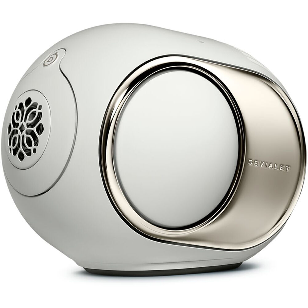 Devialet Phantom Ultimate wireless speaker with sleek design and control panel, rated at 98 dB sound output.
