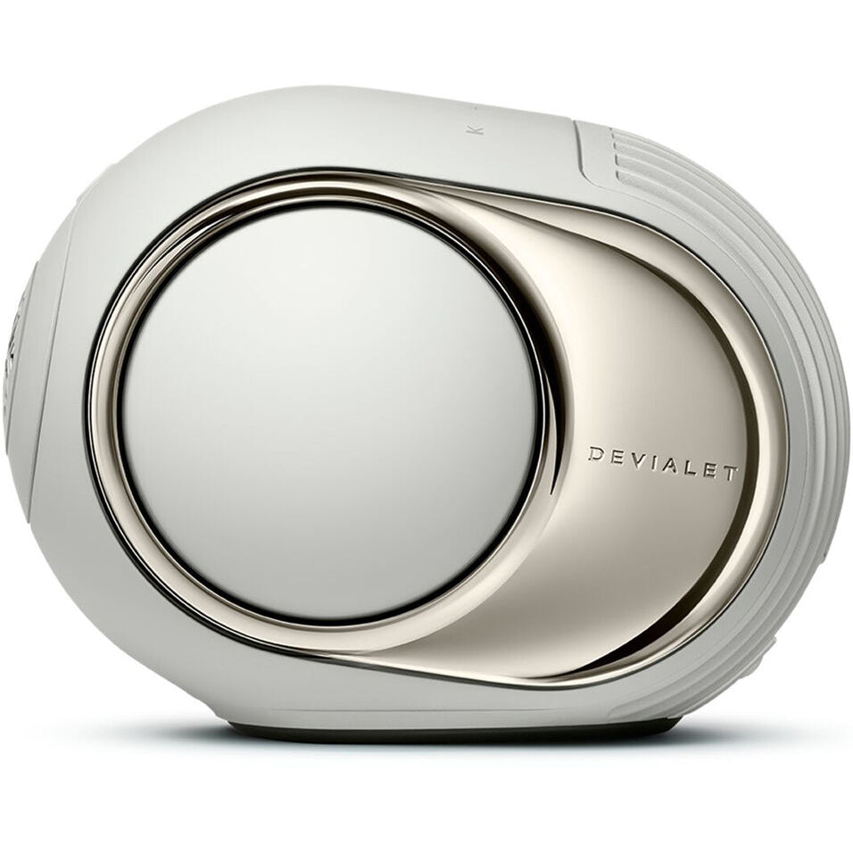 Devialet Phantom Ultimate wireless speaker with sleek design and black finish, showcasing its compact, modern appearance.