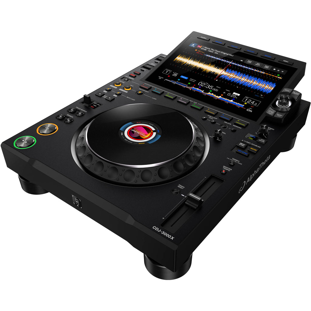AlphaTheta CDJ-3000X DJ media player with jog wheel, display screen, and control buttons for professional DJ setup