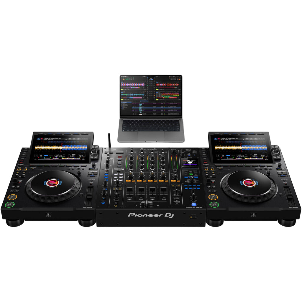 AlphaTheta CDJ-3000X DJ media players with large screens, jog wheels, and control buttons for professional DJing.