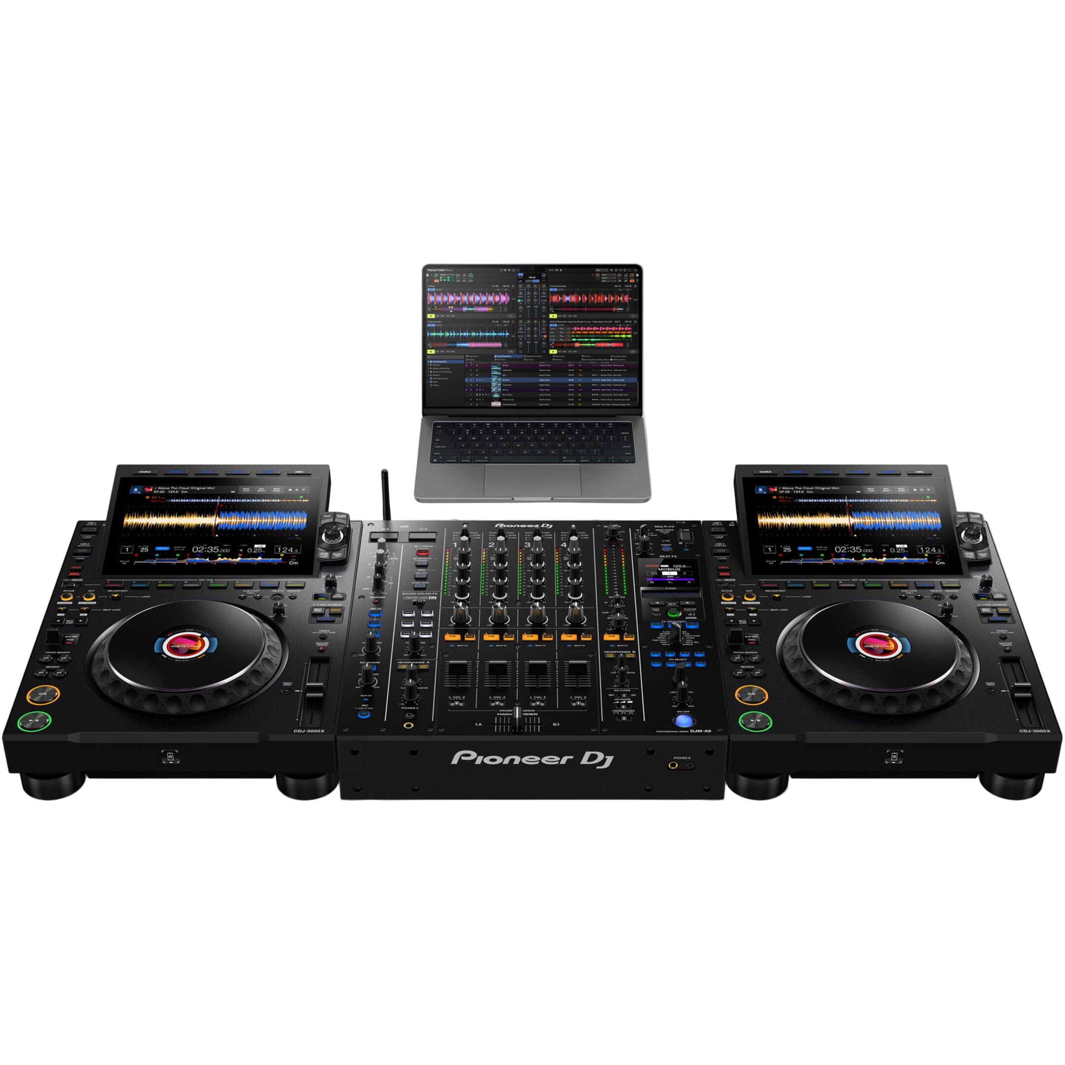 AlphaTheta CDJ-3000X DJ media players with large screens, jog wheels, and control buttons for professional DJing.