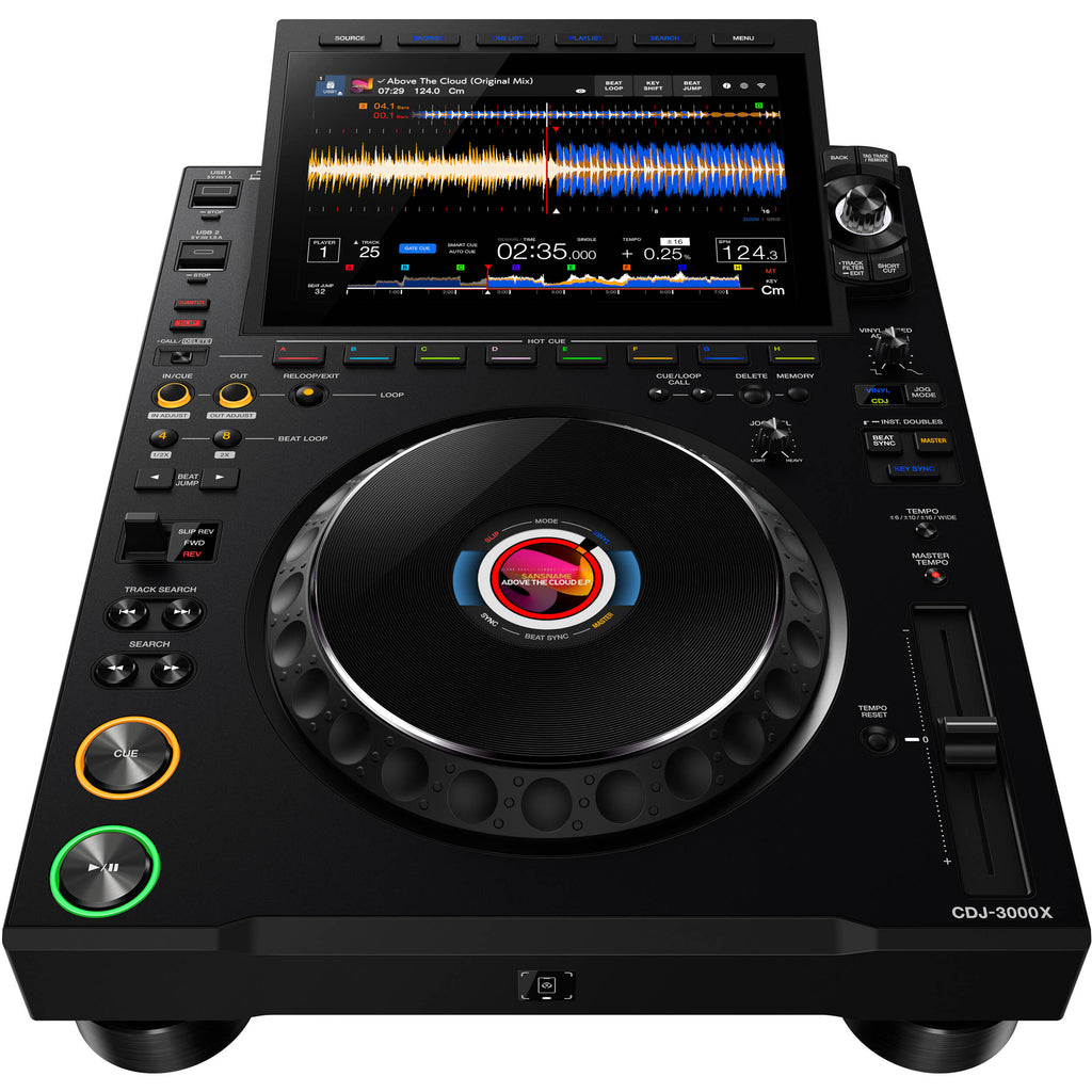 AlphaTheta CDJ-3000X DJ media player with large jog wheel, digital display, and control buttons for professional DJ setup.