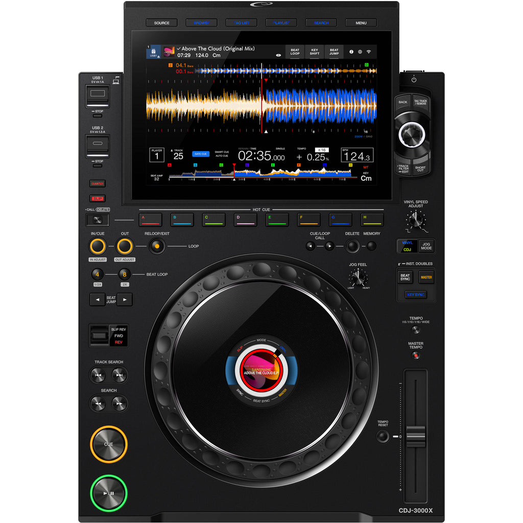 AlphaTheta CDJ-3000X DJ media player with touchscreen display, jog wheels, and control buttons for professional DJ setup.