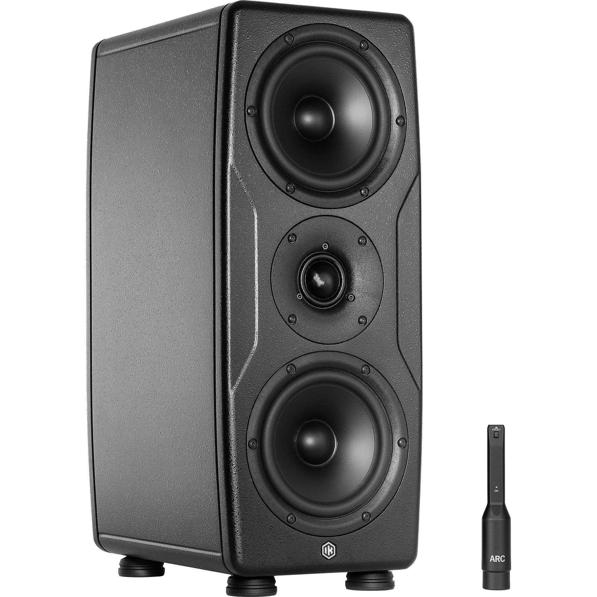 IK Multimedia iLoud Precision MTM MK2 active nearfield monitors shown with sleek black finish and detailed speaker drivers.