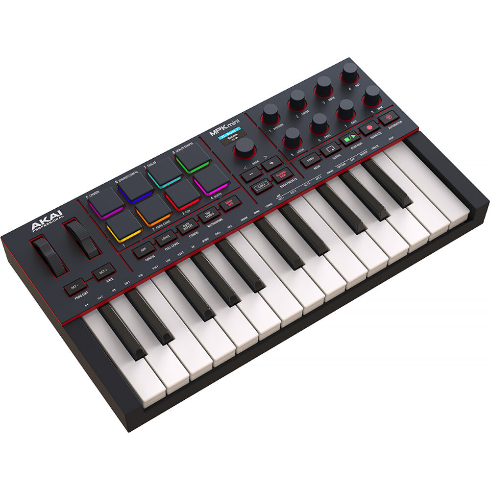 Akai Professional MPK Mini IV MIDI keyboard with compact design, featuring pads, knobs, and keys for music production.
