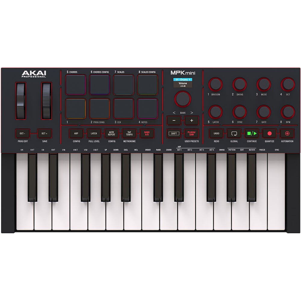 Akai Professional MPK Mini IV MIDI keyboard with 25 keys, control knobs, and drum pads for music production.