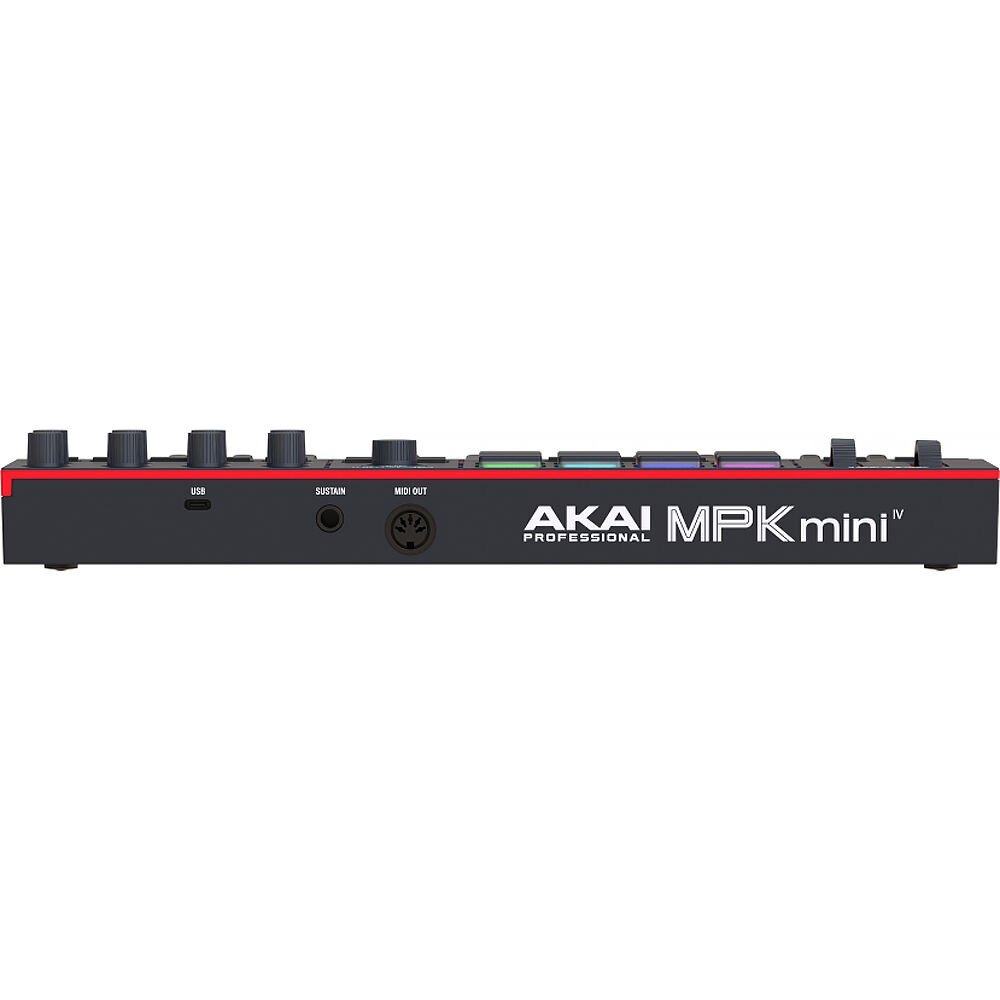 Compact Akai Professional MPK Mini IV MIDI keyboard with 25 keys, control knobs, and drum pads for music production.