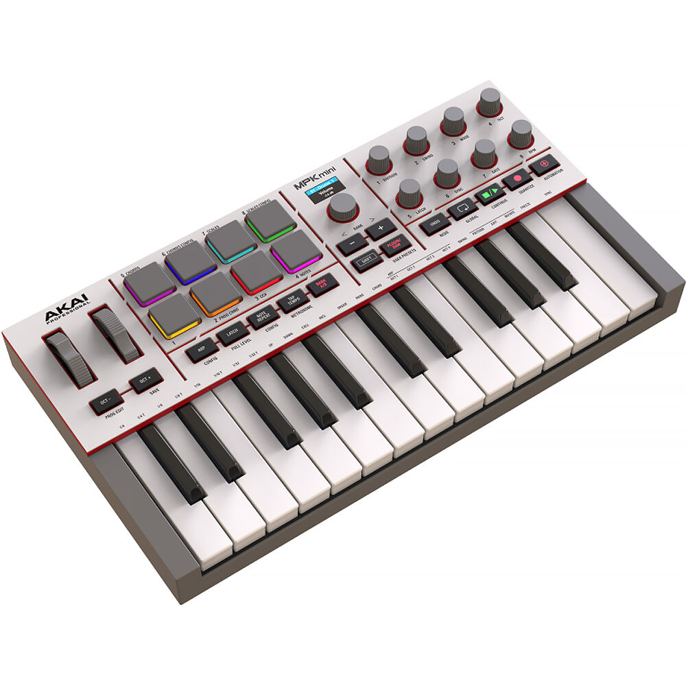 Akai Professional MPK Mini IV midi keyboard with 25 keys, control knobs, and drum pads for music production.