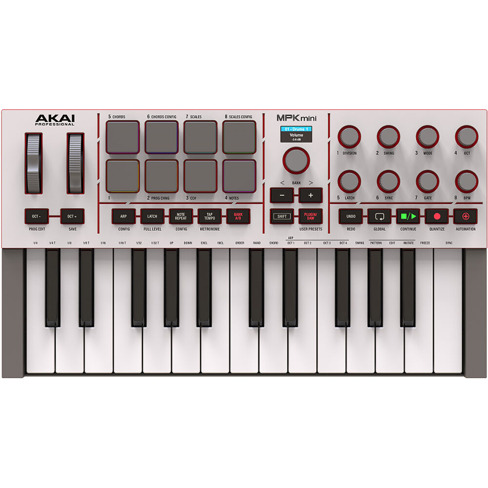 Compact Akai Professional MPK Mini IV MIDI keyboard with 25 keys, drum pads, and control knobs for music production and performance.