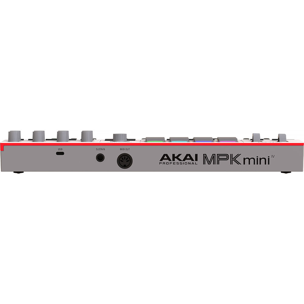 Akai Professional MPK Mini IV midi keyboard with 25 keys, drum pads, and control knobs for music production and live performance.