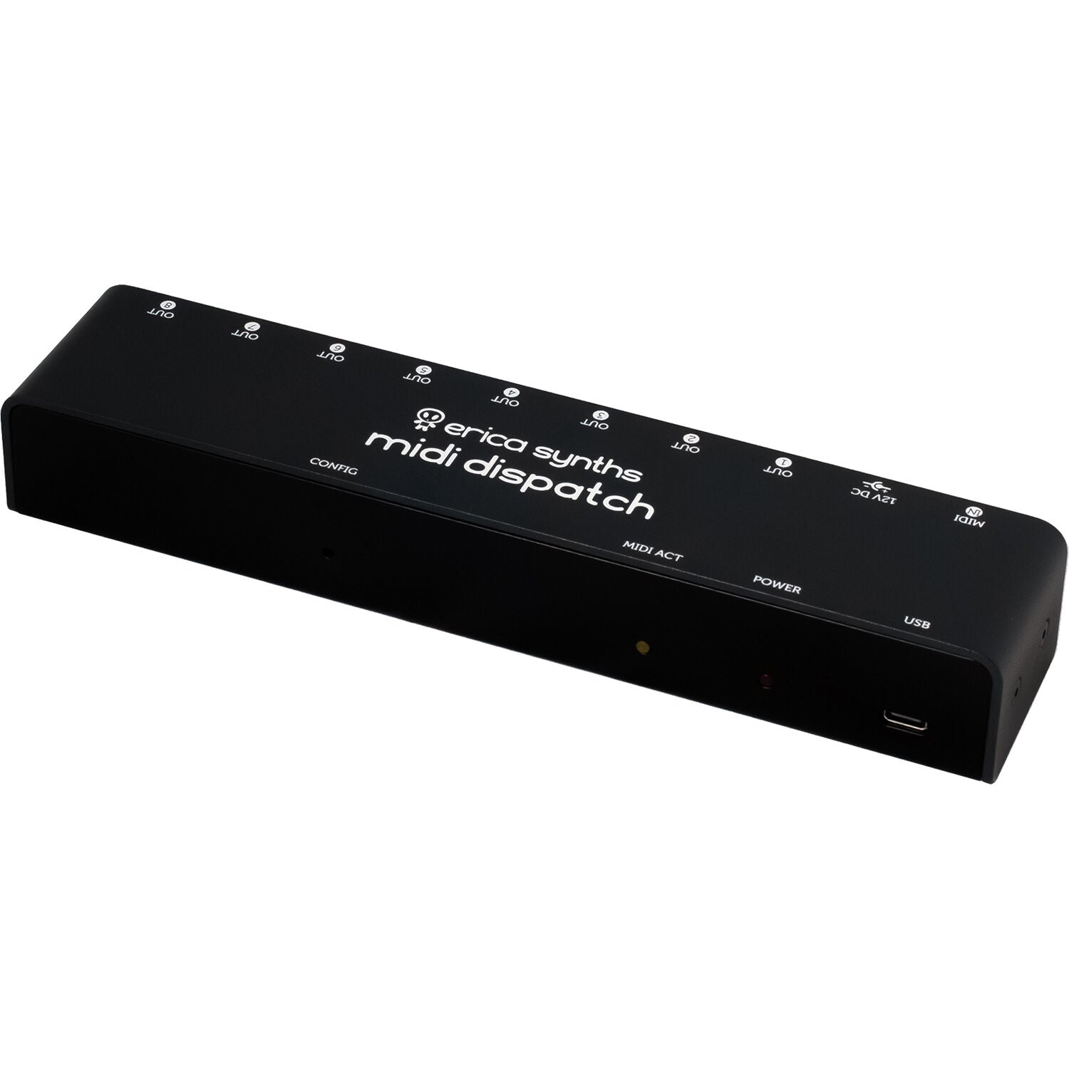 Erica Synths Midi Dispatch MIDI interface with multiple input/output connections and a sleek, compact design.