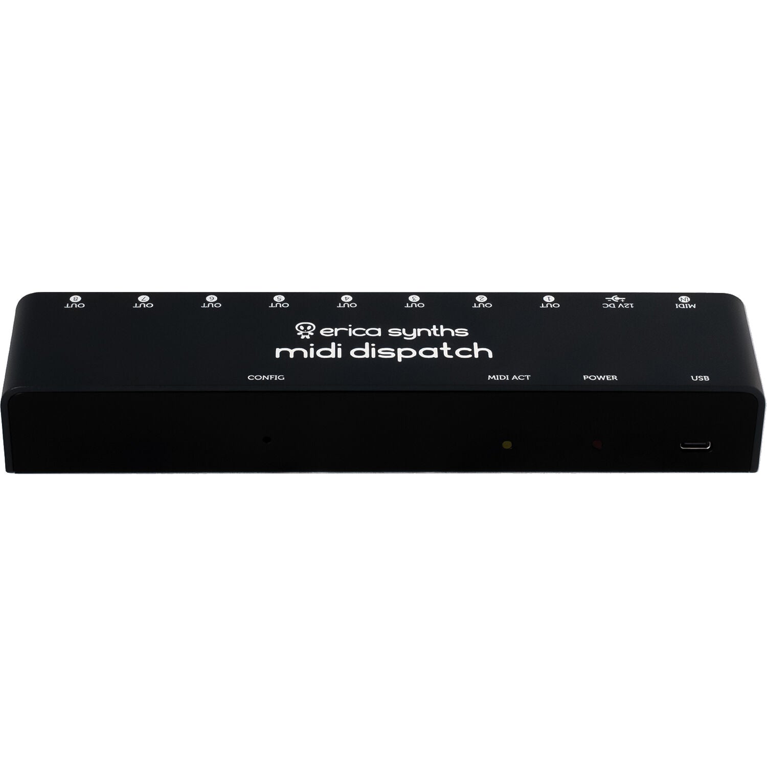 Erica Synths Midi Dispatch MIDI interface with multiple input/output ports and a sleek design on a wooden surface.