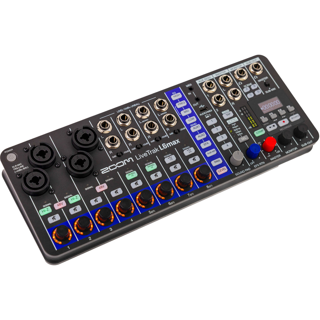 Zoom LiveTrak L6max digital mixer with multiple input channels, knobs, and display screen for professional audio mixing.