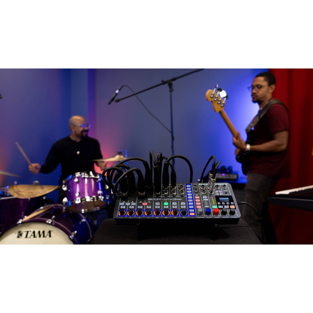 Zoom LiveTrak L6max digital mixer with multiple input channels, control knobs, and digital display for professional audio mixing.
