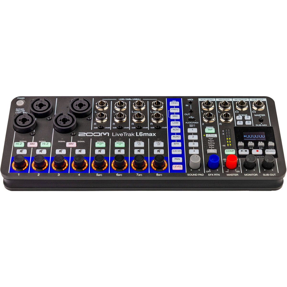 Zoom LiveTrak L6max digital mixer with multiple input channels and control knobs, showing a professional audio mixing interface.