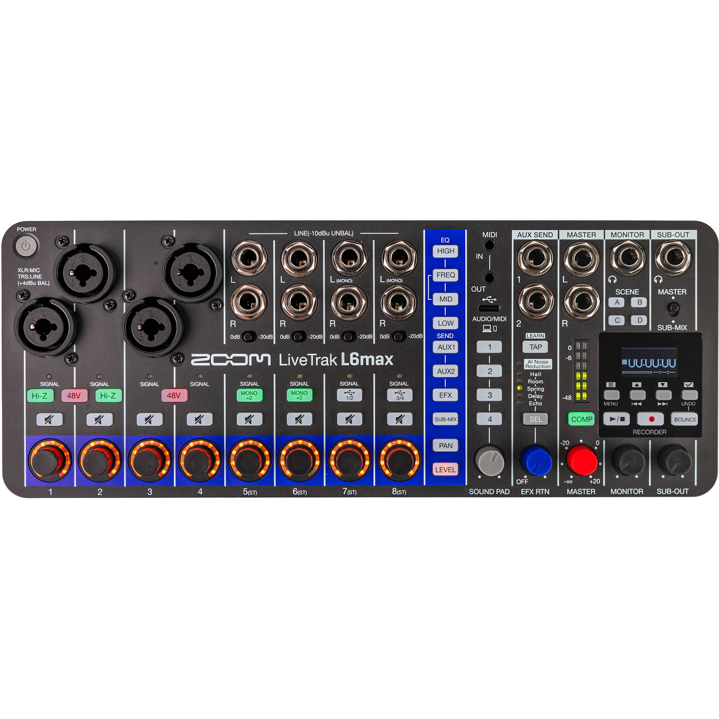 Zoom LiveTrak L6max digital mixer with multiple input channels and control knobs, designed for professional audio mixing.