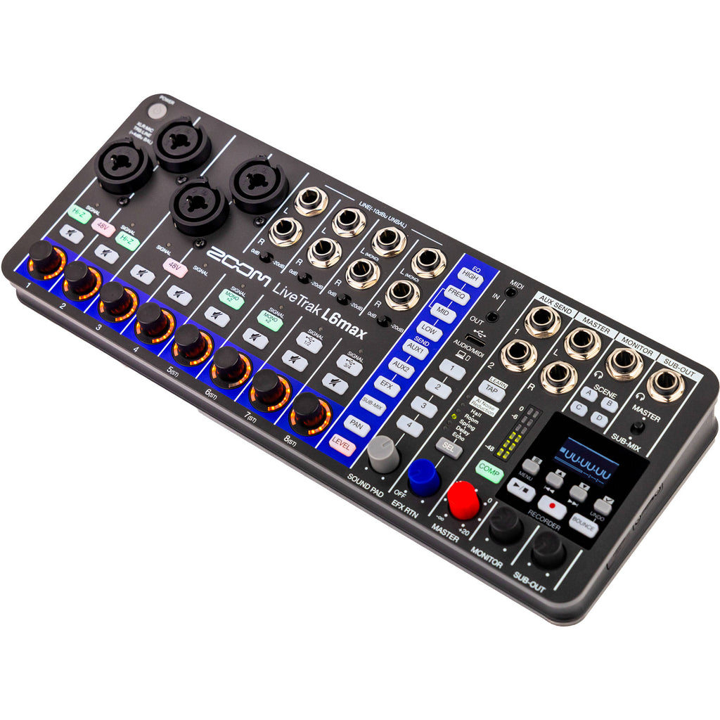 Zoom LiveTrak L6max digital mixer with multiple input channels, knobs, and a compact design for professional audio mixing.