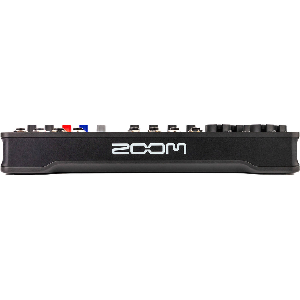 Zoom LiveTrak L6max digital mixer with multiple input channels, control knobs, and display screen for professional audio mixing.