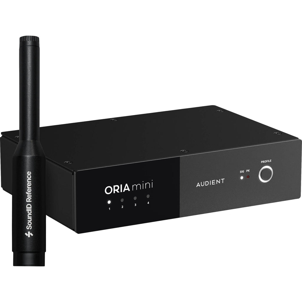 Audient ORIA Mini room calibration device showing its compact design and interface for audio calibration setup.