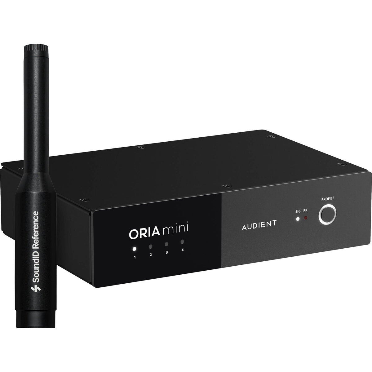 Audient ORIA Mini room calibration device showing its compact design and interface for audio calibration setup.