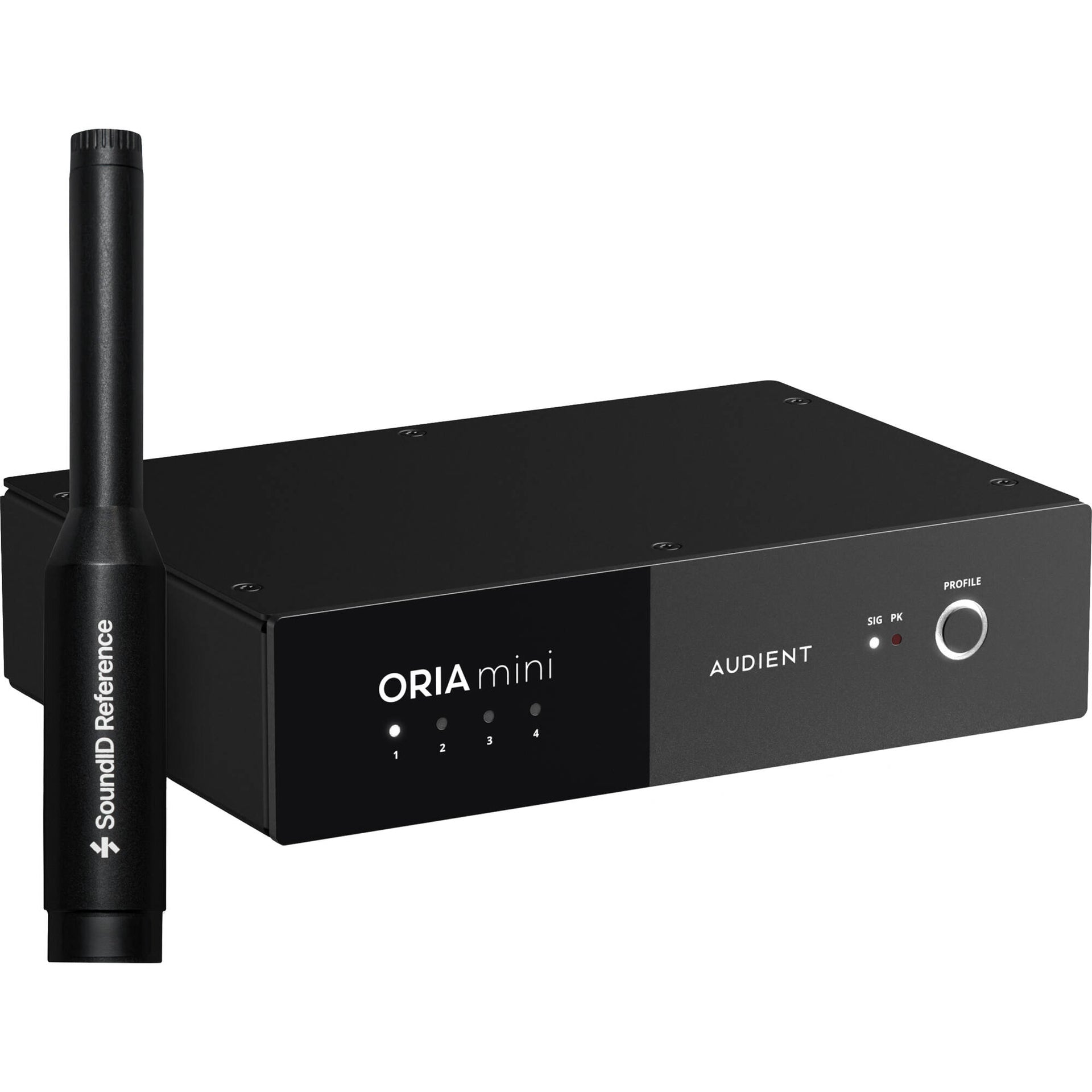 Audient ORIA Mini room calibration device showing its compact design and interface for audio calibration setup.
