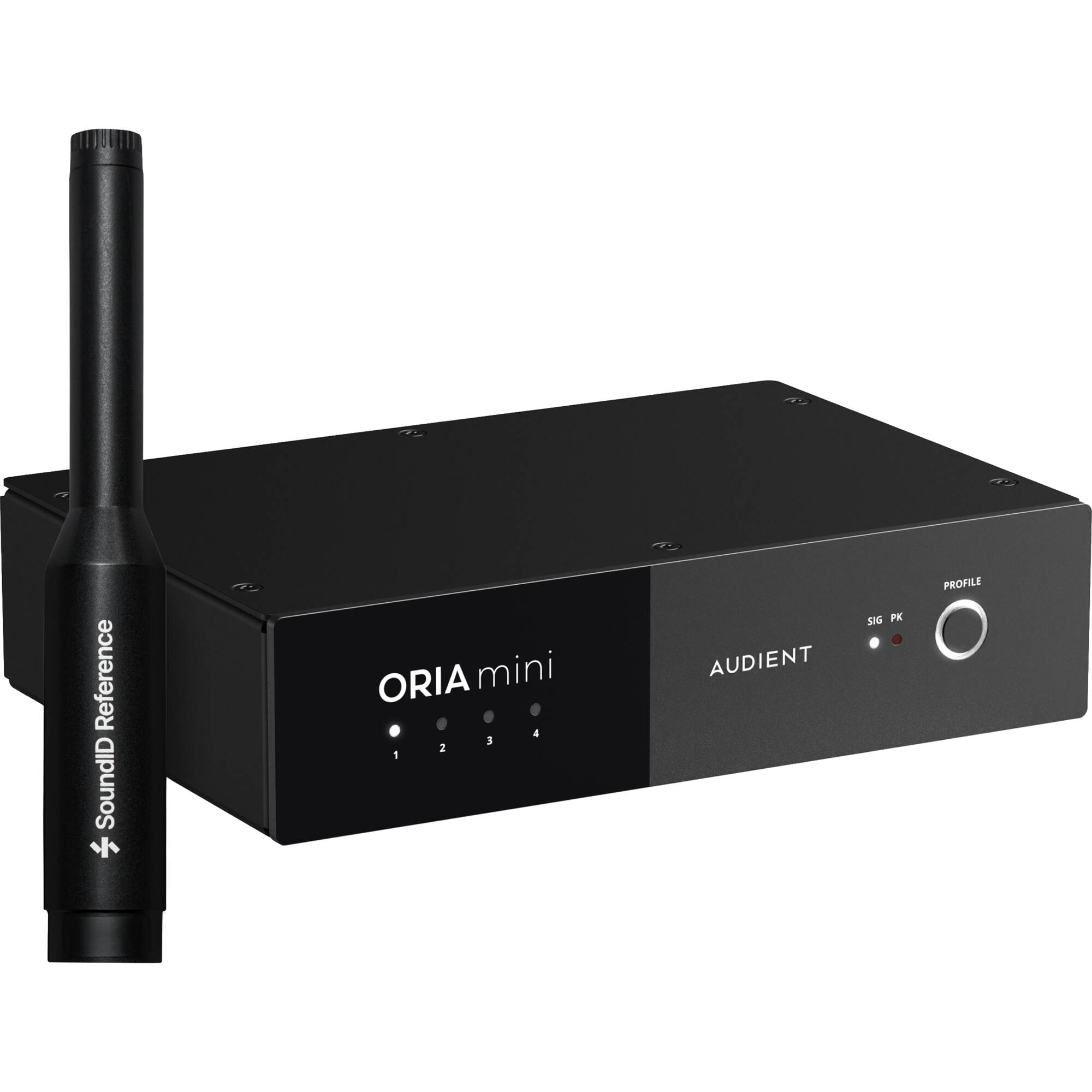 Audient ORIA Mini room calibration device showing its compact design and interface for audio calibration setup.