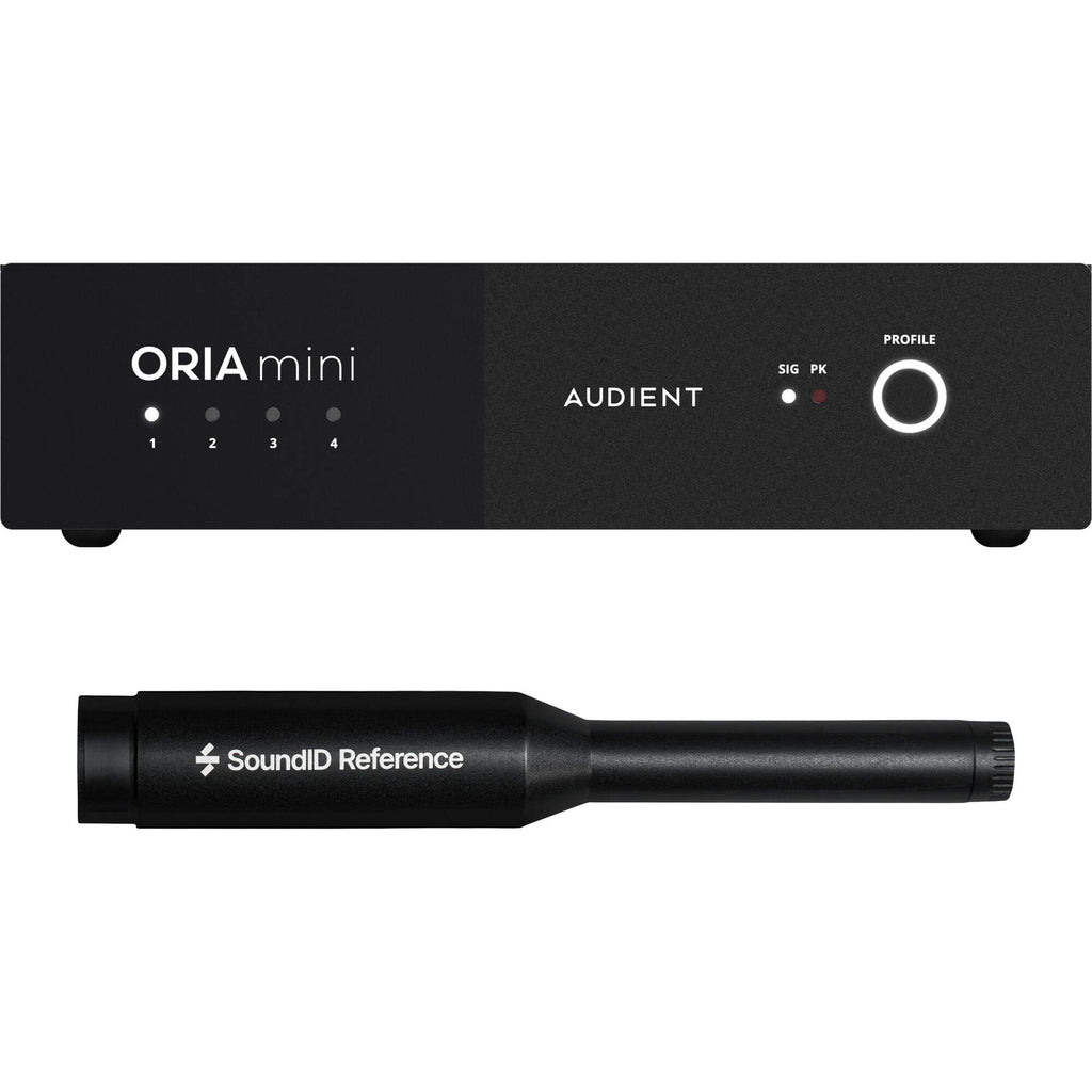 Audient ORIA Mini room calibration device with compact design and control interface for accurate audio setup.