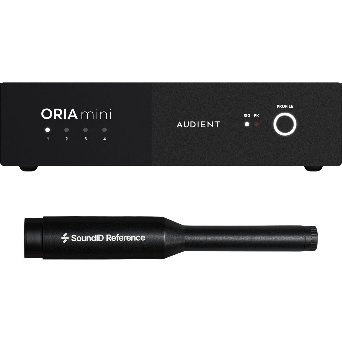 Audient ORIA Mini room calibration device with compact design and control interface for accurate audio setup.