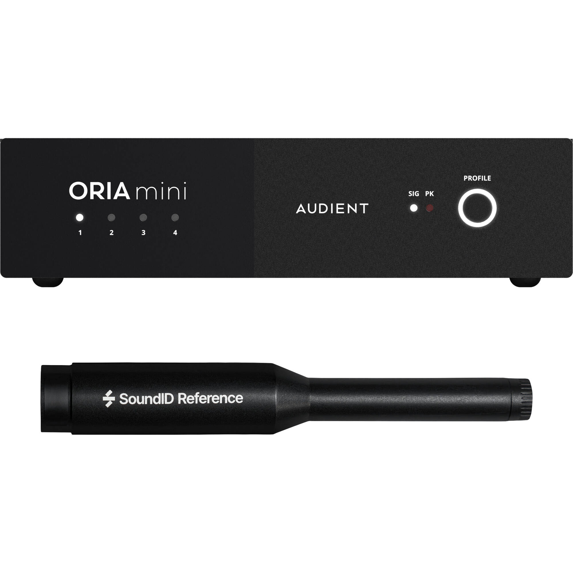 Audient ORIA Mini room calibration device with compact design and control interface for accurate audio setup.